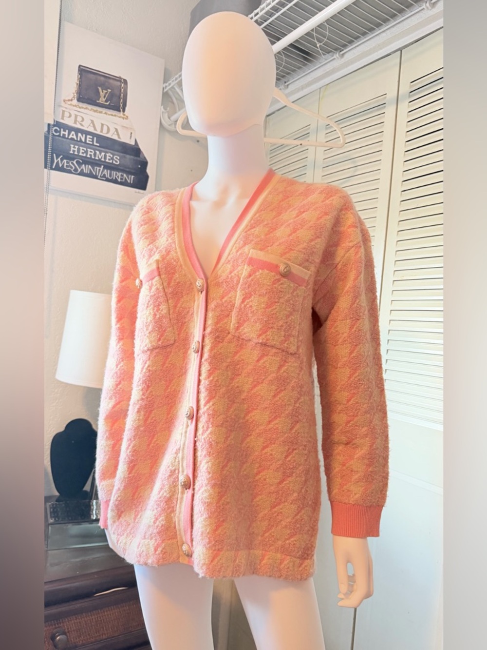 Sandro| Paris PinkTextured Houndstooth Cardigan brassy lion button size 2